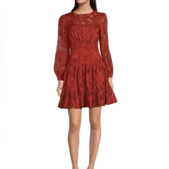 Eliza J Metallic Stripe Floral Jacquard Long Sleeve Chiffon Dress - Picture 2 of 8